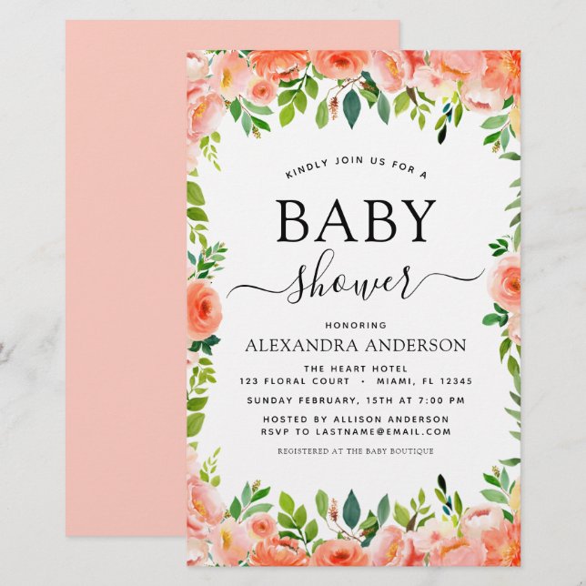 Budget Coral Peach Baby Shower Floral Invitation (Front/Back)