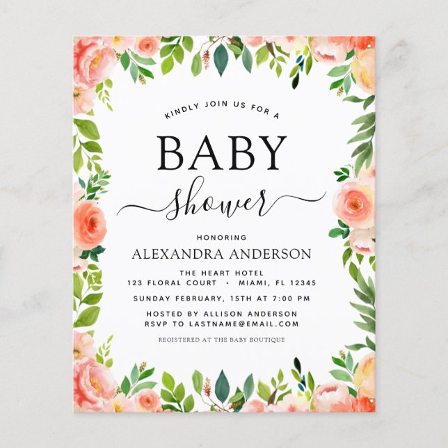 Budget Coral Peach Baby Shower Floral Invitation Flyer (Front)