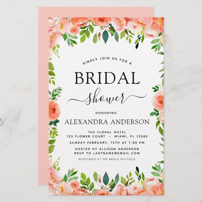Budget Coral Peach Bridal Shower Floral Invitation (Front/Back)