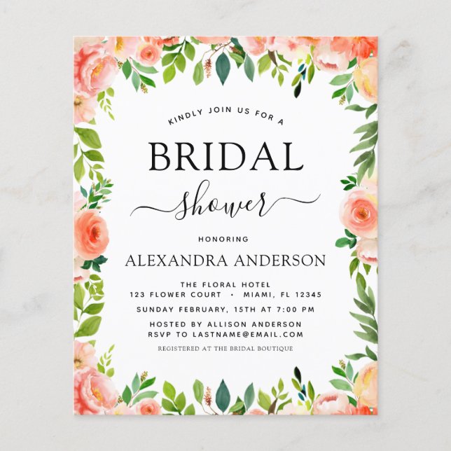 Budget Coral Peach Bridal Shower Floral Invitation Flyer (Front)