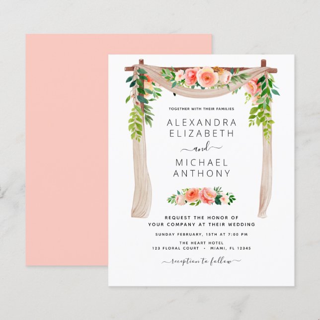 Budget Coral Peach Floral Arch Wedding Invitation (Front/Back)