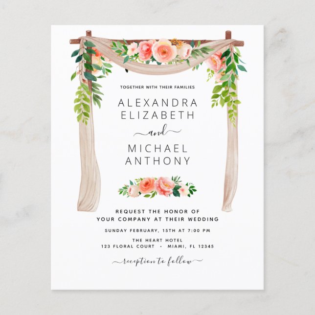 Budget Coral Peach Floral Arch Wedding Invitation Flyer (Front)