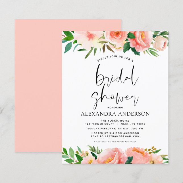 Budget Coral Peach Floral Bridal Shower Invitation (Front/Back)