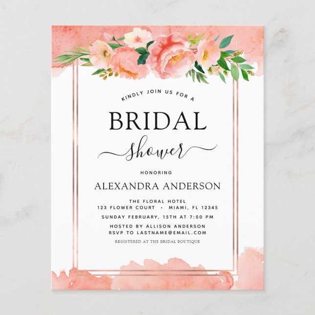 Budget Coral Peach Floral Bridal Shower Invitation (Front)