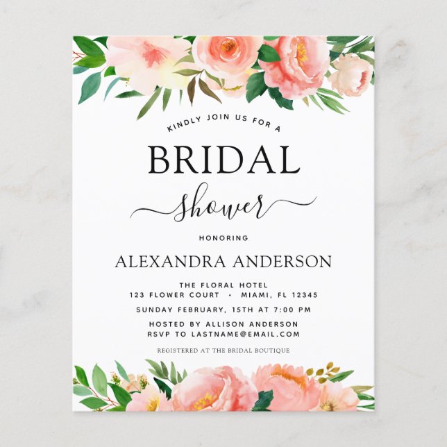 Budget Coral Peach Floral Bridal Shower Invitation Flyer (Front)