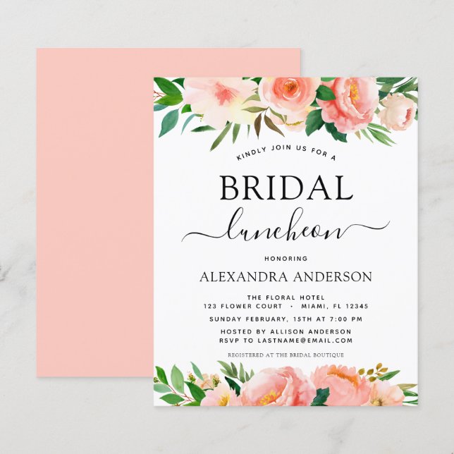 Budget Coral Peach Floral Bridal Shower Luncheon (Front/Back)