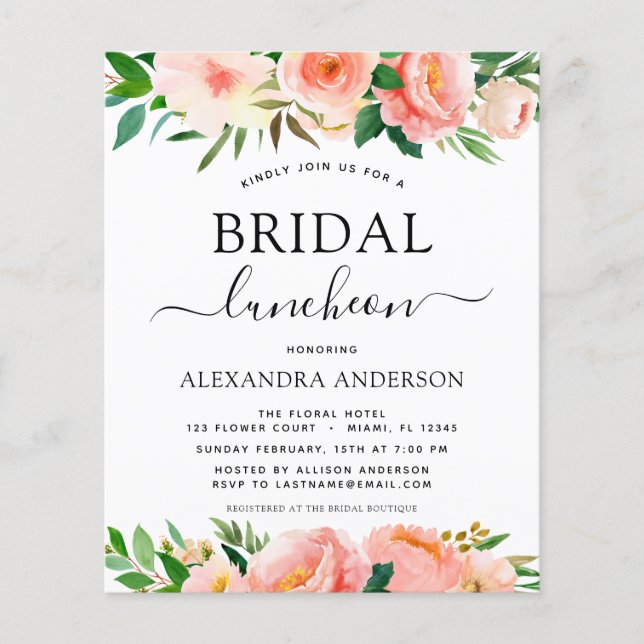 Budget Coral Peach Floral Bridal Shower Luncheon Flyer (Front)