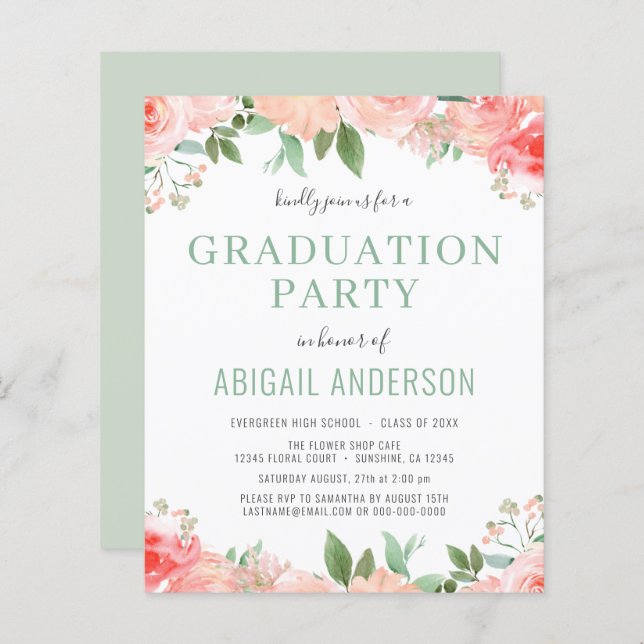 Budget Coral Peach Floral Graduation Invitation (Front/Back)