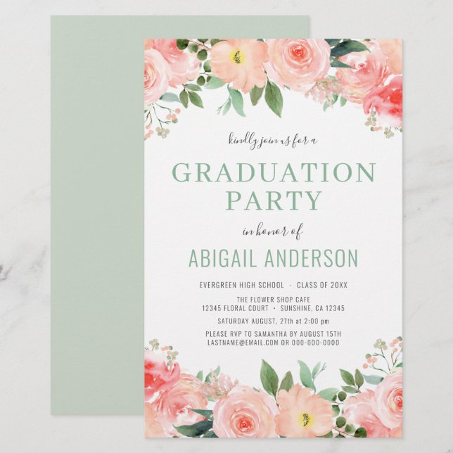 Budget Coral Peach Floral Graduation Invitation (Front/Back)