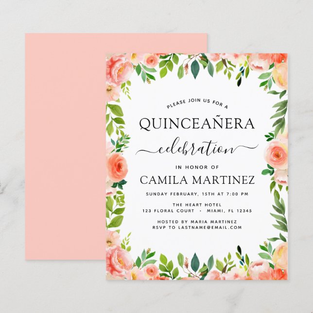 Budget Coral Peach Floral Quinceañera Invitation (Front/Back)