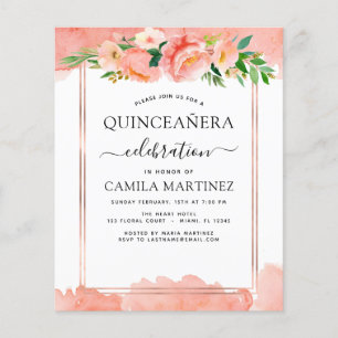 Budget Coral Peach Floral Quinceañera Invitation Flyer