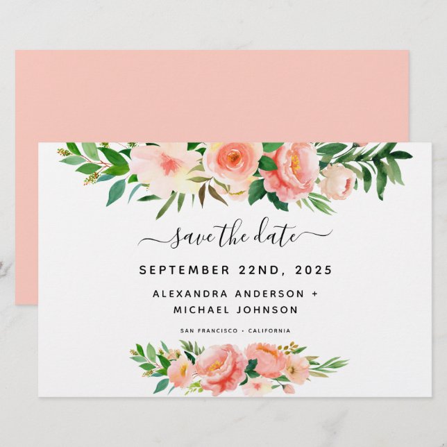 Budget Coral Peach Floral Save the Date Invitation (Front/Back)