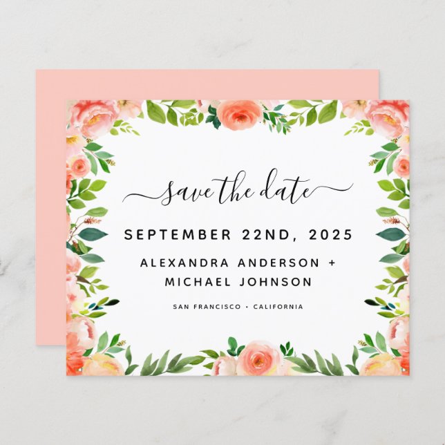 Budget Coral Peach Floral Save the Date Invitation (Front/Back)