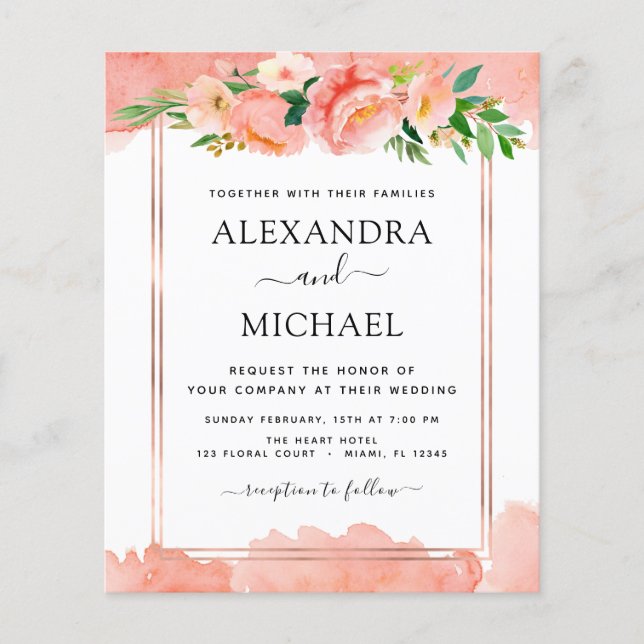 Budget Coral Peach Floral Wedding Invitation (Front)