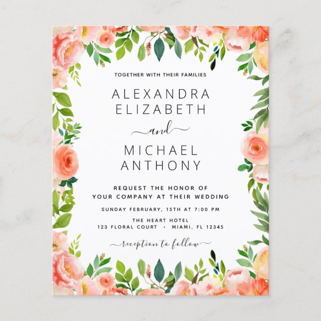 Budget Coral Peach Floral Wedding Invitation Flyer (Front)