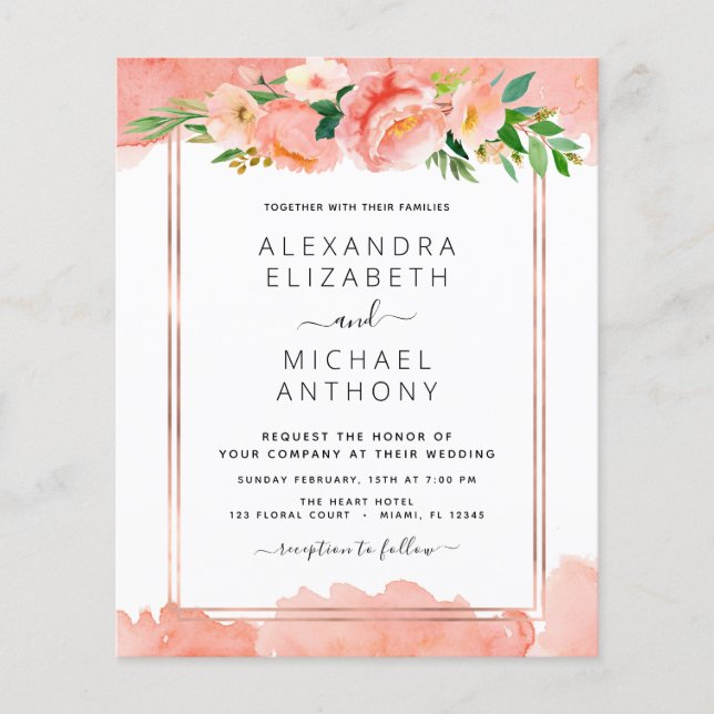 Budget Coral Peach Floral Wedding Invitation Flyer (Front)