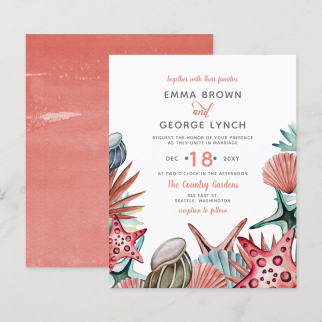 Budget Coral Seashells Beach Wedding Invitation (Front/Back)
