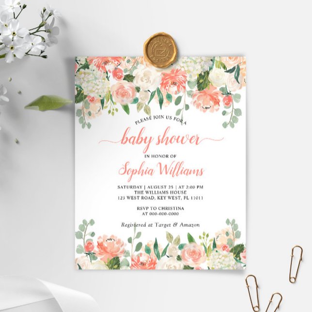 Budget Coral & White Rose Baby Shower Invitation (Creator Uploaded)