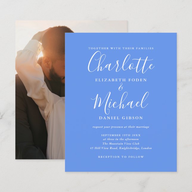 Budget Cornflower Blue Photo Wedding Invitation (Front/Back)