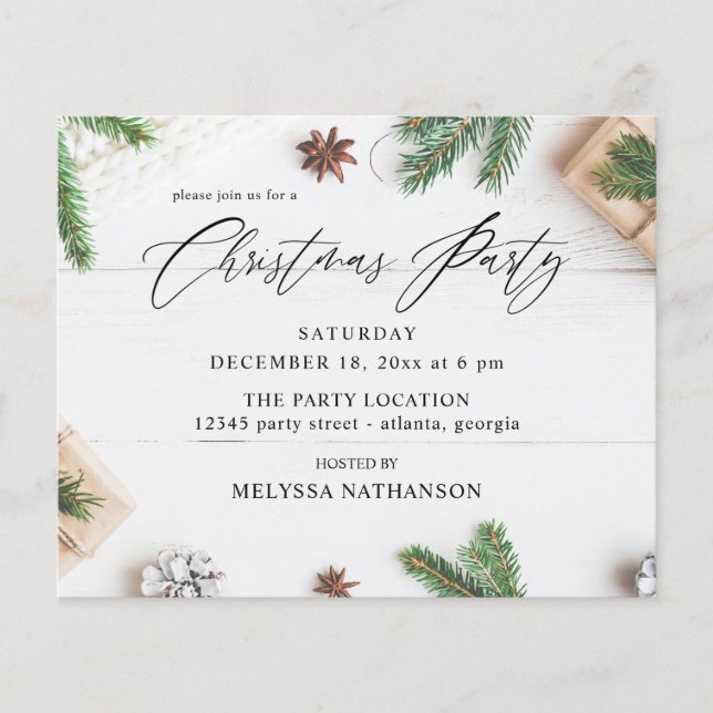 Budget Cosy Rustic Pine Leaves Christmas Party Flyer (Front)