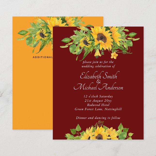 Budget Country Sunflowers Burgundy Wedding Invites (Front/Back)