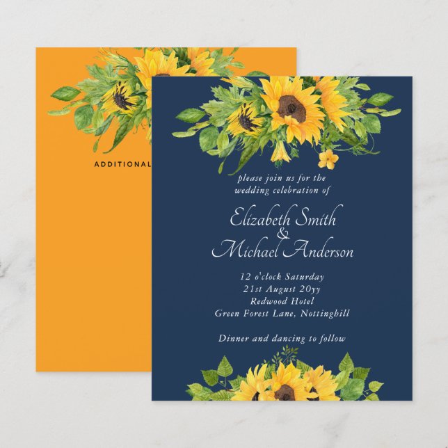Budget Country Sunflowers Navy Wedding Invitations (Front/Back)