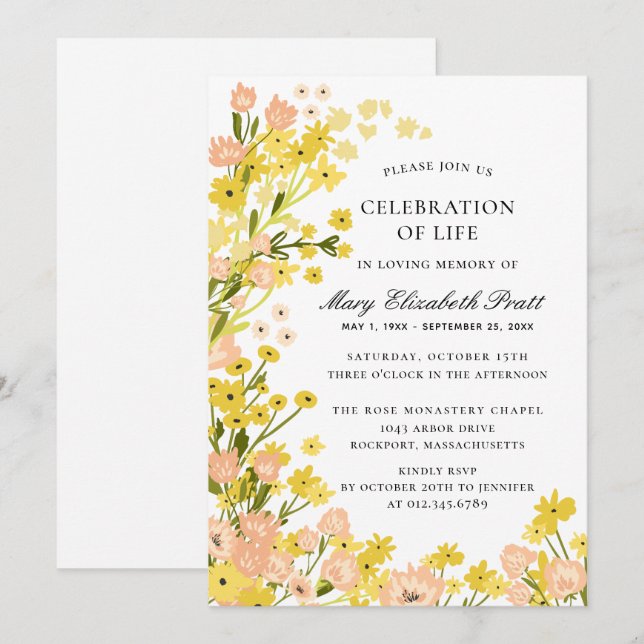 Budget Country Yellow Pink Foral Funeral Invitation (Front/Back)