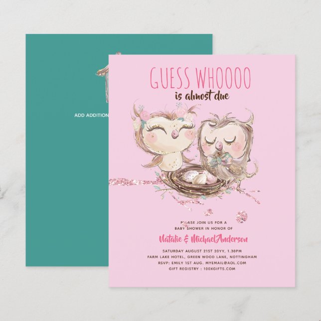 BUDGET Couples Baby Shower Cute Owls Woodland Inv. (Front/Back)