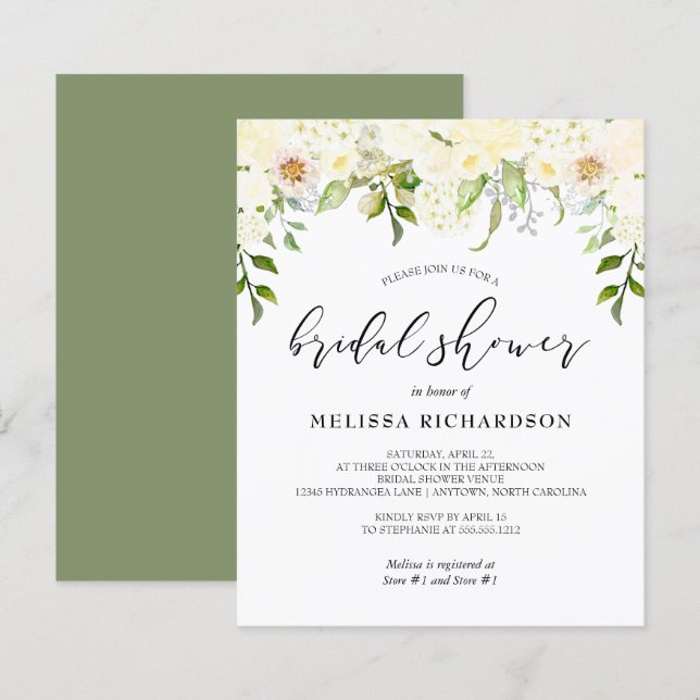 Budget Cream Floral Bridal Shower Invitation (Front/Back)