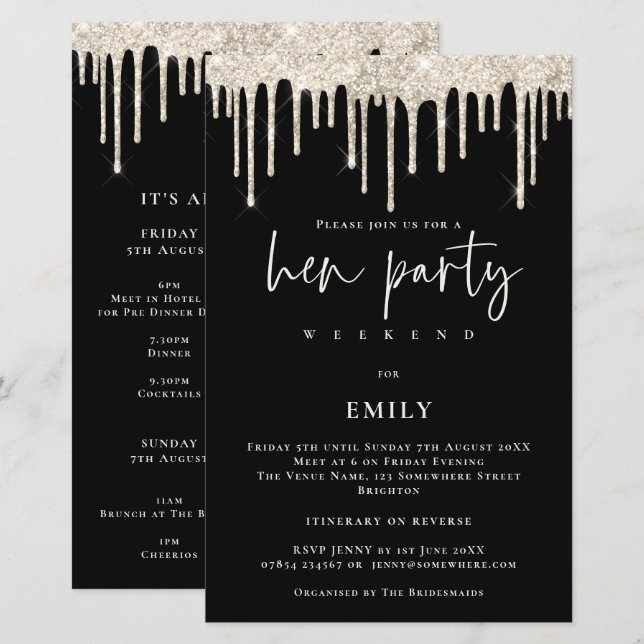 Budget Cream Glitter Drip Hen Weekend Black Invite (Front/Back)