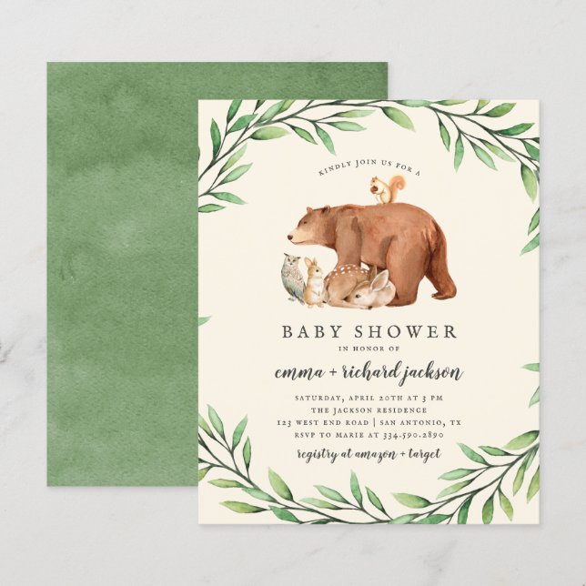 Budget Cream Greenery Forest Animals Baby Shower (Front/Back)