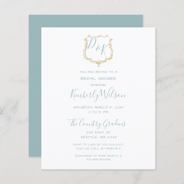 Budget Crest Dusty blue Bridal Shower Invitation (Front/Back)