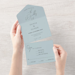 Budget, custom monogram, dusty blue rsvp wedding all in one invitation