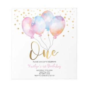 Budget Cute Balloons Pink Gold One Invitation Notepad