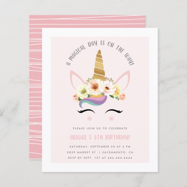Budget Cute Blush Magical Unicorn Birthday Party (Front/Back)