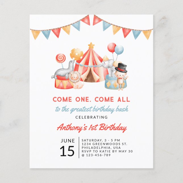 Budget Cute Circus Carnival Festival 1st Birthday Flyer (Front)