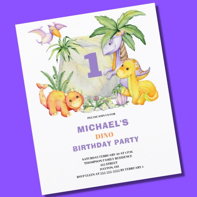 Budget Cute Dinosaur 1st Birthday Invitation (Creator Uploaded)