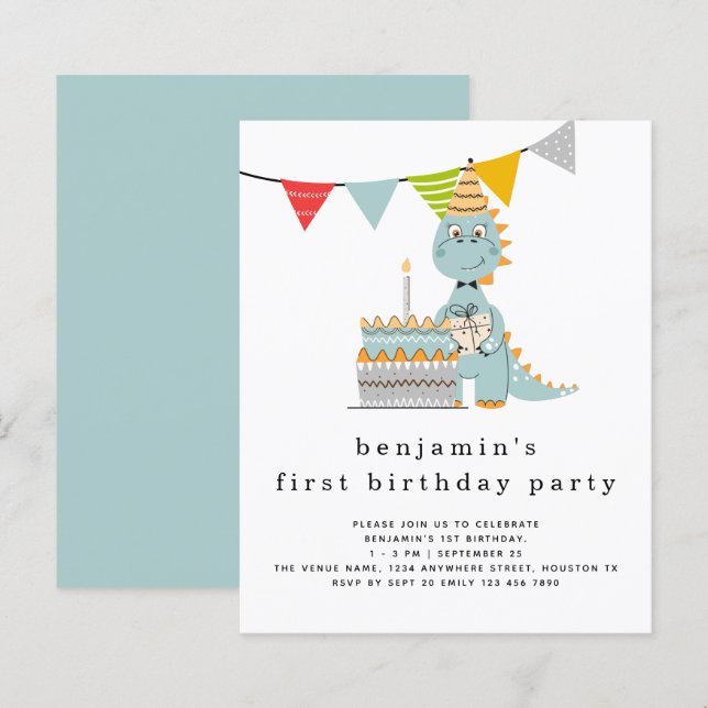 Budget Cute Dinosaur Cake 1st Birthday Invitation (Front/Back)