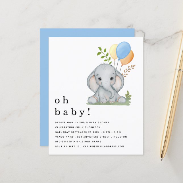 Budget Cute Elephant Blue Boy Baby Shower. Invite (Front/Back In Situ)