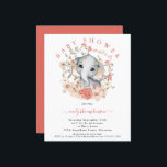 Budget Cute Elephant Coral Baby Shower Invitation<br><div class="desc">Budget Cute Elephant Coral Baby Shower Small Invitation. A budget price SMALLER 4.5” x 5.6” alternative. Available in a SEMI-GLOSS 110 lb CARD STOCK which is the default option (thicker for invitations), OR a SATIN FINISH 80 lb THINNER PAPER STOCK (ideal for enclosures). Envelopes are an optional extra and are...</div>