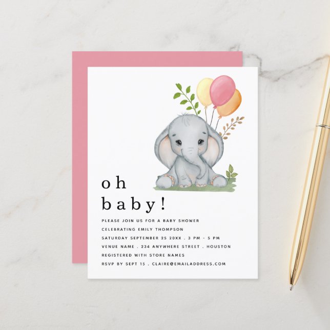 Budget Cute Elephant Pink Girl Baby Shower Invite (Front/Back In Situ)