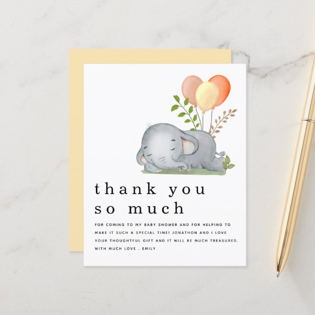 BUDGET Cute Elephant Yellow Baby Shower Thank You (Front/Back In Situ)