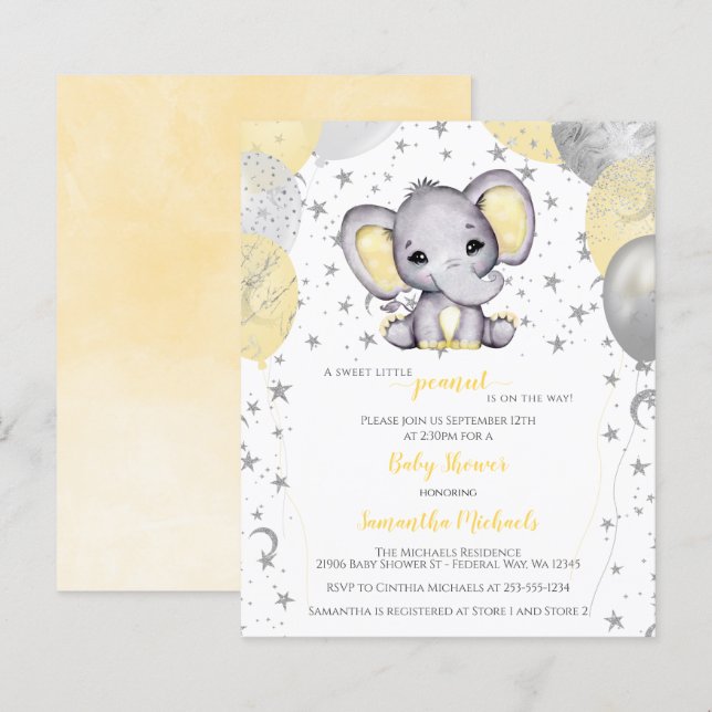 BUDGET Cute Elephant Yellow Balloons Baby Shower (Front/Back)