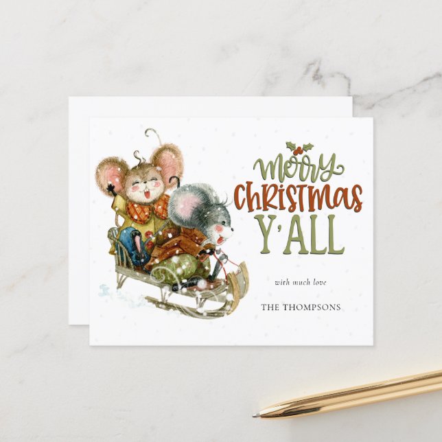 Budget Cute Mice Sleighing Merry Christmas Name (Front/Back In Situ)