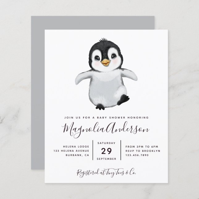 Budget Cute Penguin Baby Shower Invitation (Front/Back)