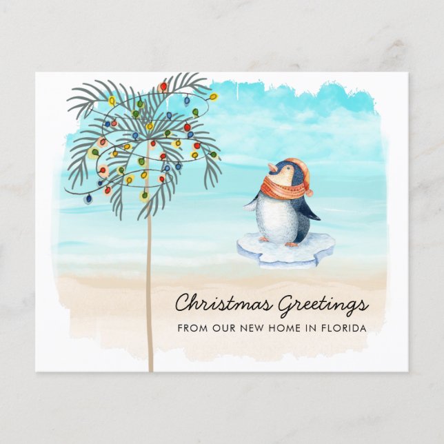 Budget Cute Penguin on Beach New Home Holiday Card (Front)