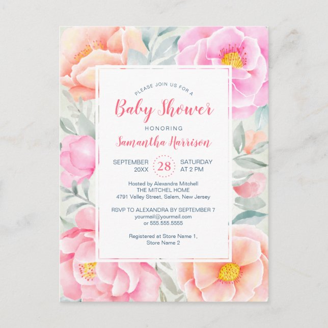 Budget Cute Peonies Roses Pink Floral Baby Shower Invitation Postcard (Front)
