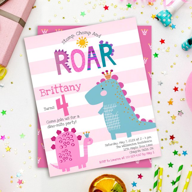 Budget Cute Pink Dinosaur Girl Birthday Invitation (Creator Uploaded)