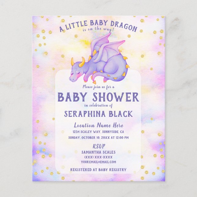 BUDGET Cute Purple Dragon Baby Shower Invitation (Front)