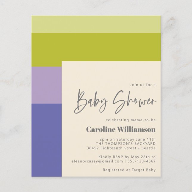 Budget Cute Purple Green Stripe Modern Baby Shower (Front)
